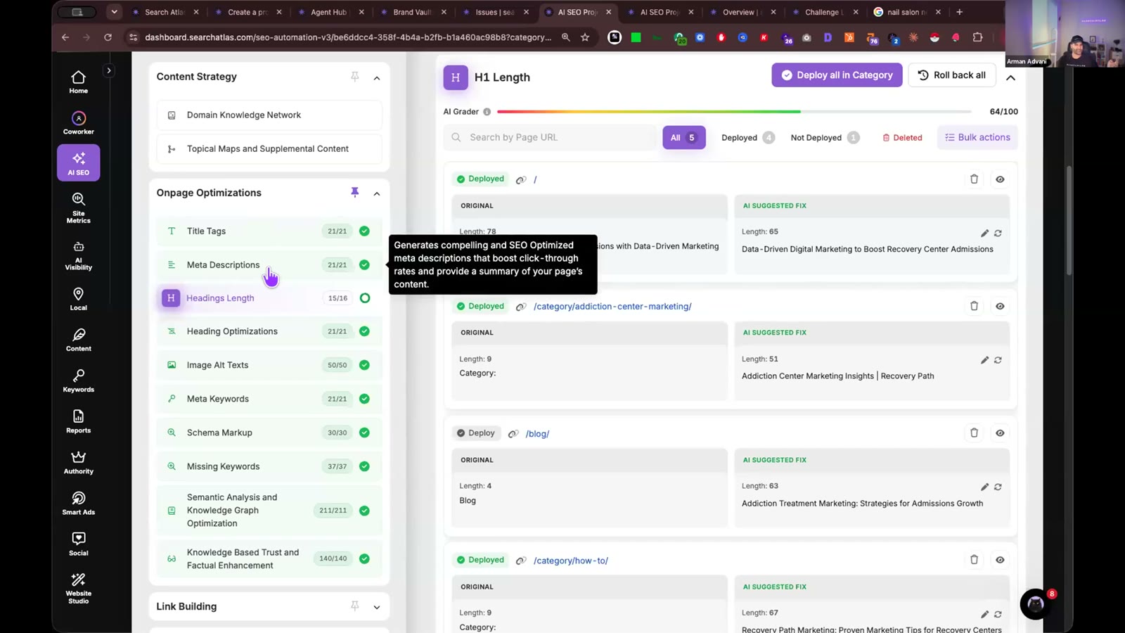 Search Atlas OTTO interface showing original and AI-suggested heading fixes with deployment controls