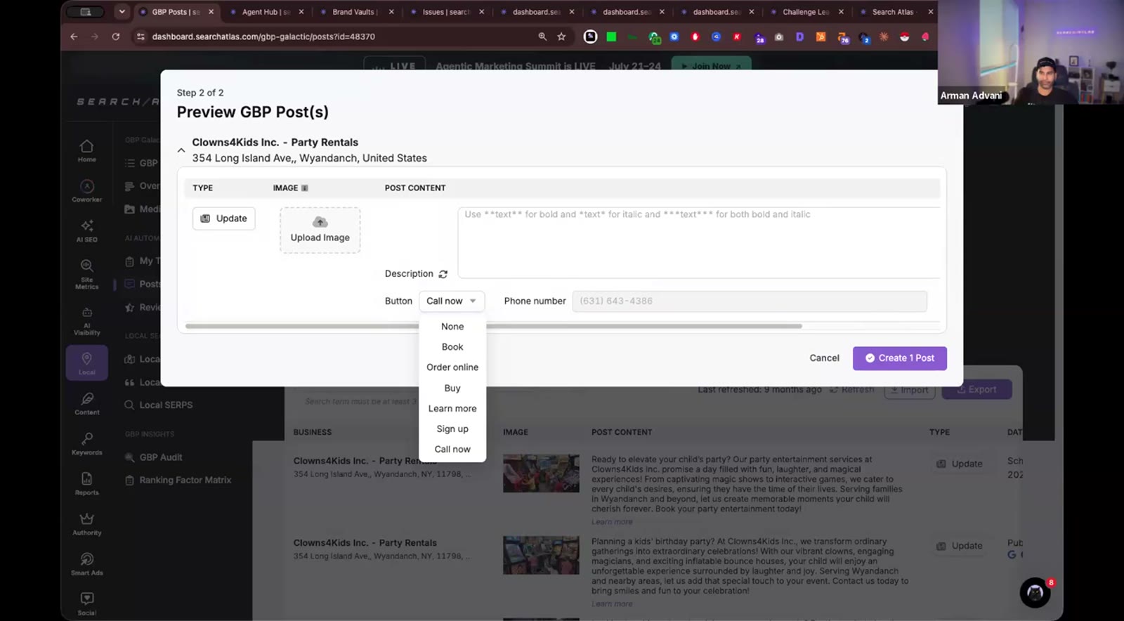 Search Atlas GBP post editor showing call-to-action options including Book, Order online, Buy, Learn more, Sign up, and Call now