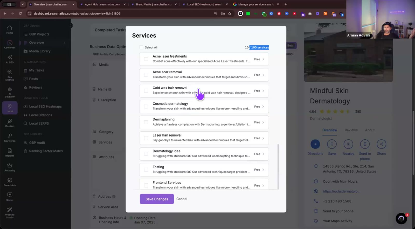 Search Atlas GBP services interface suggesting business services and descriptions for review