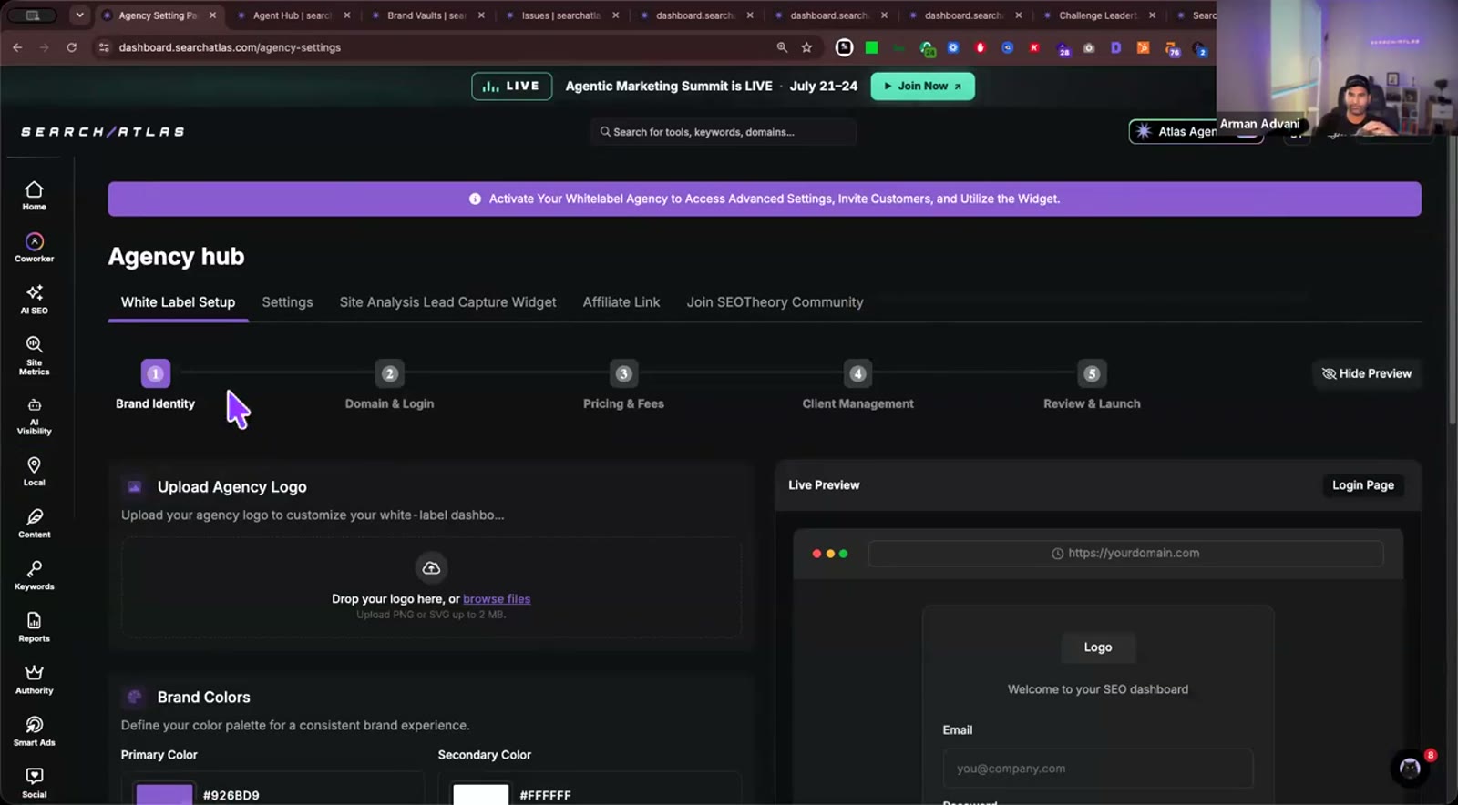 Search Atlas Agency Hub showing white-label setup and site analysis lead capture widget navigation